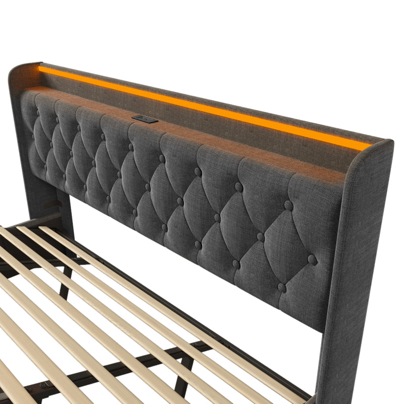 Polsterbett Doppelbett, 360-Surround-LED-Funktion, Drucktaste/App/Fernbedienung,180*200 cm,Grau Leinen-Material Hydraulisches Lagerbett, gepolstertes Kopfteil mit USB Typ-C Ladefunktion(Ohne Matratze)