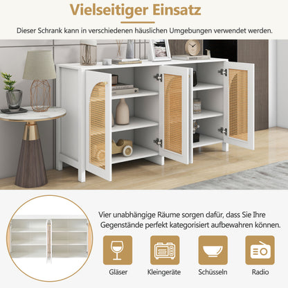 Modernes Sideboard im minimalistischen Stil 4-Rattantür, Metallgriff einfaches Buffetschrank für Esszimmer, Wohnzimmer, Küche (weiß)