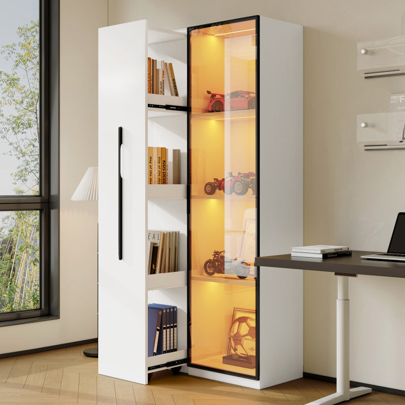 Multifunktionsschrank 160 cm hoch – Bücherregal und Vitrine mit Türen aus gehärtetem Glas, Türrahmen aus Aluminium, 1 Tür, 1 seitliche Schublade, mit Rollen und LED-Beleuchtung – Vitrine, Esszimmersch