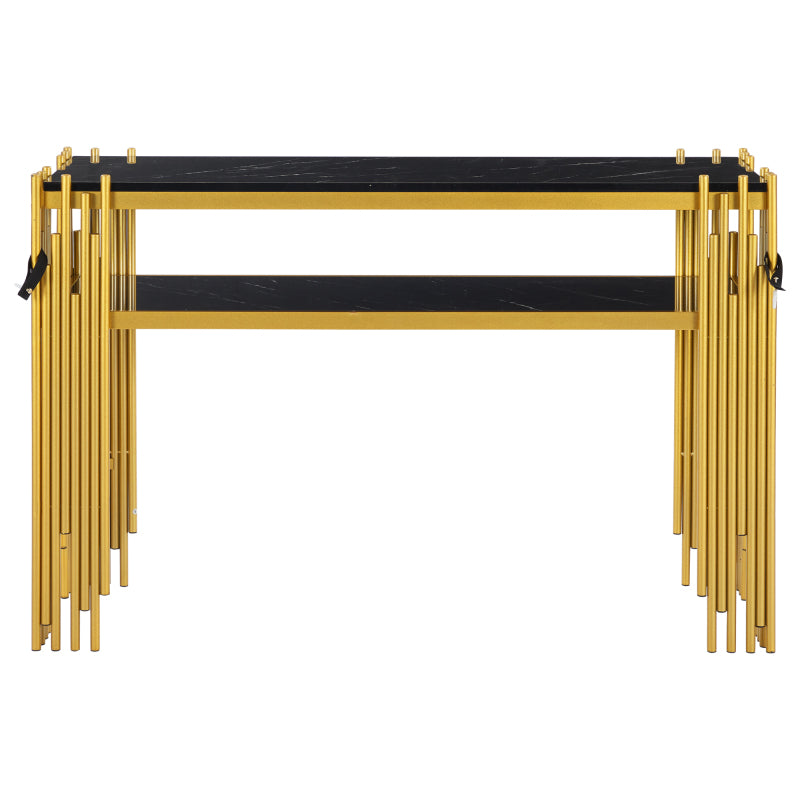 Mid-Century Modern Wohnzimmer Beistelltisch, Konsolentisch, Schwarzer Korpus mit goldenen Beinen, Doppelschicht MDF, Belastbarkeit bis 40 kg