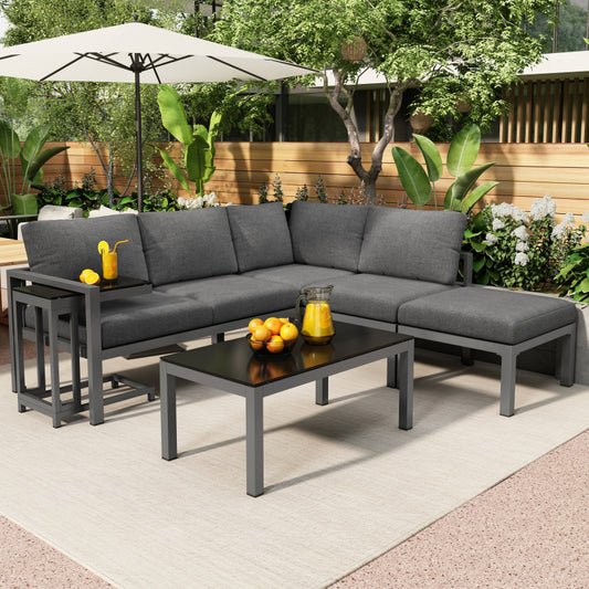 Garten Loungesessel Set, Eckloungesessel, Gartenmöbel für 4-5 Personen, mit Beistell- und Couchtisch, wetterfeste Loungemöbel, grau, 5er Set, inkl. aller Kissen(preview sku:HW24018AAS)