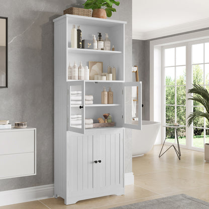 57.5 x 28.5 x 160cm Badezimmer-Hochschrank mit Stauraum, feuchtigkeitsbeständige Farbe, Glasschranktür, Holzschranktür, zwei offene Ablagefächer, verstellbare Trennwände, einfache Textur, weiß