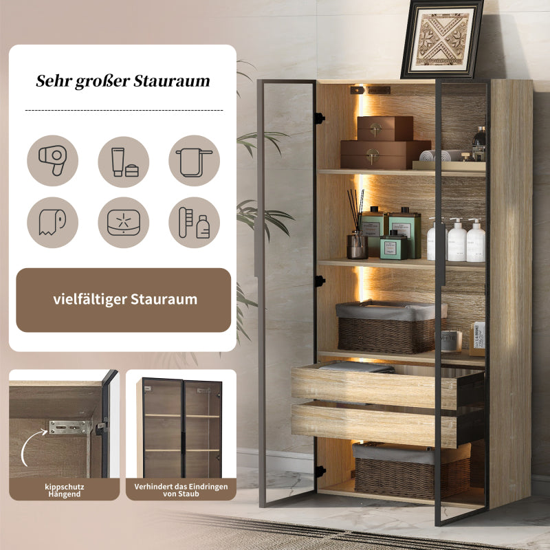 2er-Set  Badezimmerschrank, mittel, mit Lichtleiste, 73 cm breit, mit 2 großen Schubladen und 2 Türen, Glastür