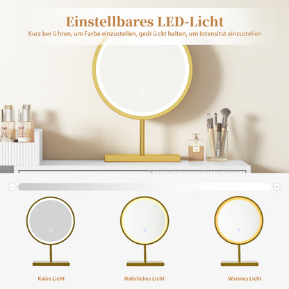 Kosmetiktisch-Set mit LED-Spiegel und 3-Farben-Beleuchtung, Schminktisch aus Holz mit 3 Schubladen und Seitenschrank, ausziehbares Design - Maße: B120/H90/T40 cm (ohne Hocker)
