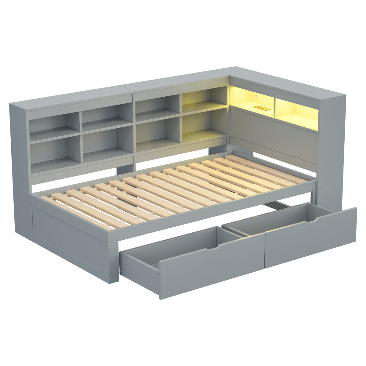 Massivholz-Einzelbett 90x200 Weiß mit LED & USB-Steckdose - Multifunktionales Schlafsofa mit Regalen, Ablagefächern & viel Stauraum, Grau