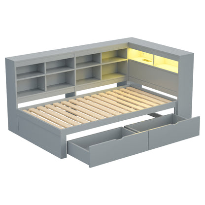 Massivholz-Einzelbett 90x200 Weiß mit LED & USB-Steckdose - Multifunktionales Schlafsofa mit Regalen, Ablagefächern & viel Stauraum, Grau