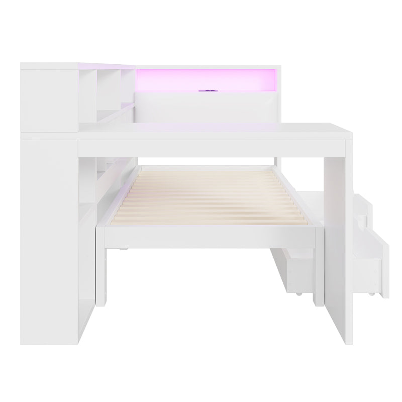 90x200 L-förmiges Holz-Plattformbett mit Schreibtisch und Bücherregal, Eck-Kapitänsbett mit gepolstertem Kopfteil, Schubladen unter dem Bett, LED-Licht - Weiß