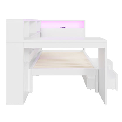 90x200 L-förmiges Holz-Plattformbett mit Schreibtisch und Bücherregal, Eck-Kapitänsbett mit gepolstertem Kopfteil, Schubladen unter dem Bett, LED-Licht - Weiß