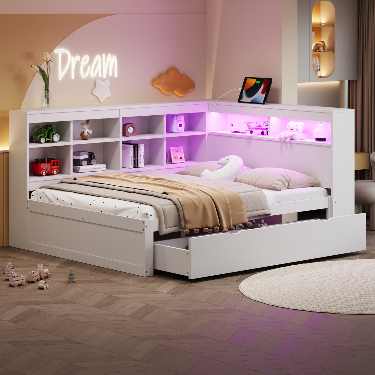 Massivholz-Doppelbett 140x200 Weiß mit LED & USB - Multifunktionales Sofa-Bett mit großen Schubladen, Ablagefächern & viel Stauraum, Weiß