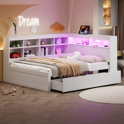 Massivholz-Doppelbett 140x200 Weiß mit LED & USB - Multifunktionales Sofa-Bett mit großen Schubladen, Ablagefächern & viel Stauraum, Weiß