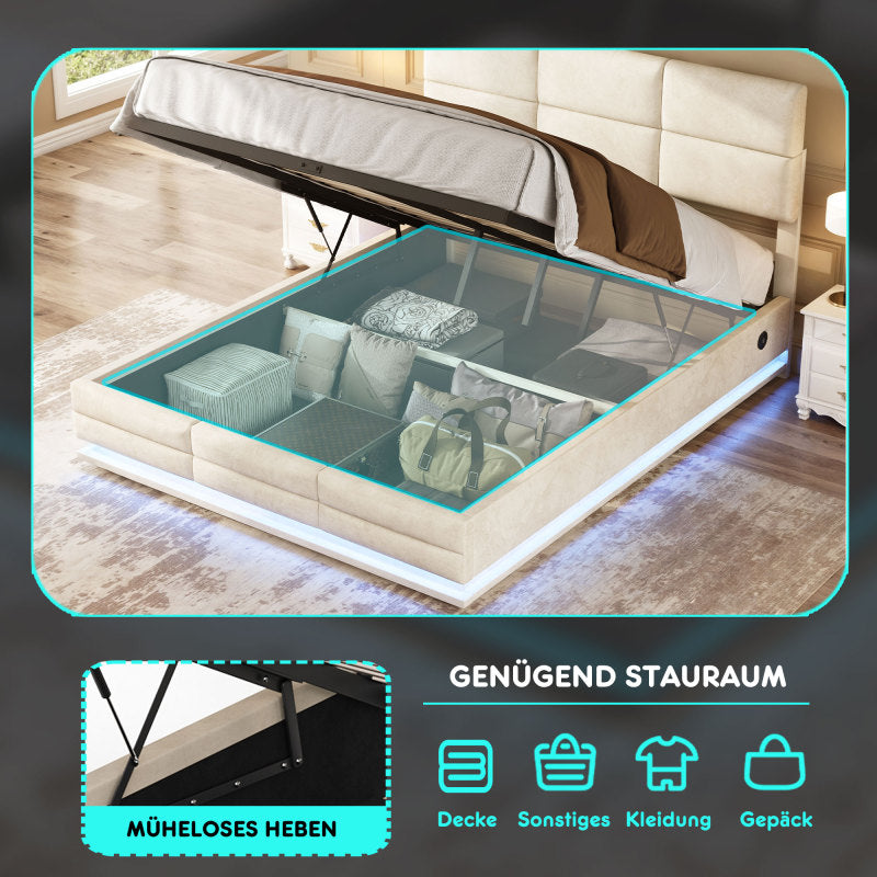140 x 200cm Bettgestell aus weichem Samt mit USB Type C Ladefunktion und LED Beleuchtung, Hydrauliksystem Stauraum Bettgestell aus Samtmaterial Jugendbett mit Lattenrost, Beige