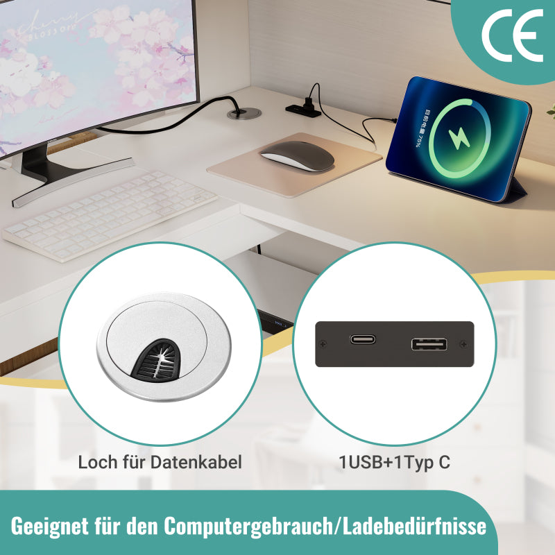 Kinderbett Hochbett mit L-förmigem Schreibtisch, Regalen und Schubladen mit USB/Type-C Ladebereich, Jugend-Einzelbett mit Leiter und Holzlattenrost, 90×200cm, Weiß, ohne Matratze.