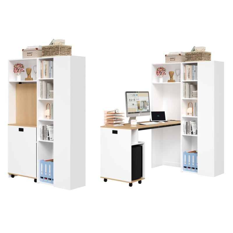 Klappbarer Schreibtisch mit Ablagen –2-in-1-Bücherregal und Schreibtisch, klappbar, mit Steckdose und USB-Anschluss, Kippschutz, weiß