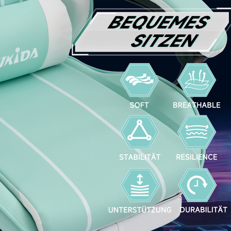 Gaming Stuhl Computerstuhl Ergonomischer Gaming Chair mit Fußstütze Bürostuhl Ergonomischer Computerstuhl mit Lendenwirbelstütze, Mintgrün