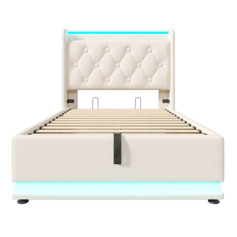 Polsterbett einzelbett, 360-Surround-LED-Funktion, Drucktaste/App/Fernbedienung, 90*200 cm, weiß PU-Material Hydraulisches Lagerbett, gepolstertes Kopfteil mit USB Typ-C Ladefunktion (Mit Matratze)
