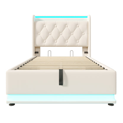 Polsterbett einzelbett, 360-Surround-LED-Funktion, Drucktaste/App/Fernbedienung, 90*200 cm, weiß PU-Material Hydraulisches Lagerbett, gepolstertes Kopfteil mit USB Typ-C Ladefunktion (Mit Matratze)