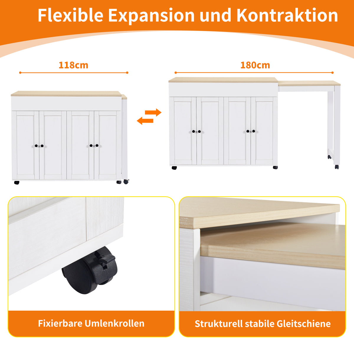 Ausziehbarer Bartisch 118-180cm, Stehtisch mit 6 Ablagefächern, Weiß