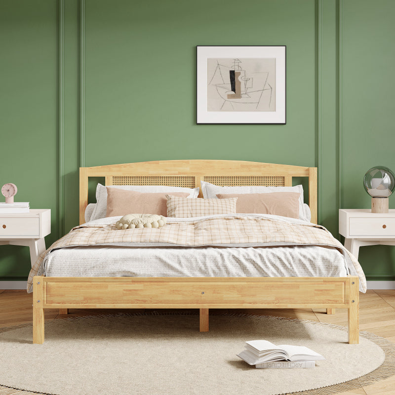 Doppelbett, Rattanbett, Jugendbett Erwachsenenbett 160X200cm, Rattannetzkissen, mit 15 Latten und Mittelfüße, Kiefer + PE-Rattan, Natur