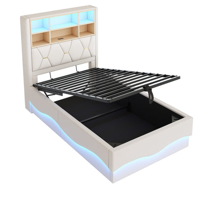 Kinderbett  90×200 cm mit hydraulischem Stauraum APP-gesteuertes LED-Lichtband USB-Ladeanschluss Metall-Lattenrost Leinenpolsterung Beige