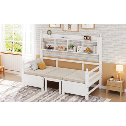 Multifunktionales Massivholz Schlafsofa 200x90 cm, 2-in-1 Bett und Schreibtisch, Frei Umbaubar, Mit Bücherregal Zur Aufbewahrung, Mit Bequemen Kissen, Gästebett Einzelholzbett, Weiß