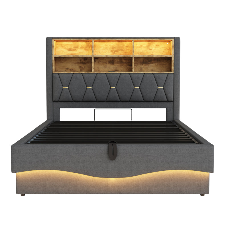 Polsterbett 140×200  mit hydraulischem Stauraum APP-gesteuertes LED-Lichtband USB-Ladeanschluss Metall-Lattenrost Leinenpolsterung Grau