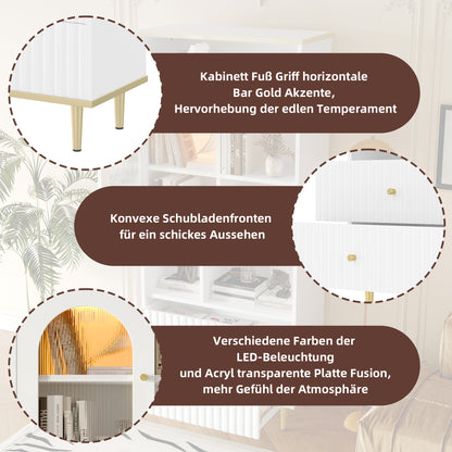 Multifunktionales Bücherregal, mehrschichtige Aufbewahrung, transparente Schranktür, zwei geräuschlose Schubladen + ferngesteuerte Farbwechsel-Lichtleiste, weiß