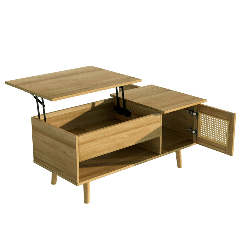 Eleganter Couchtisch mit anhebbarer Tischplatte und Rattan-Türen, Holzfarbe mit schwarzen Akzenten, ideal für das Wohnzimmer – Praktischer Stauraum und funktionales Design