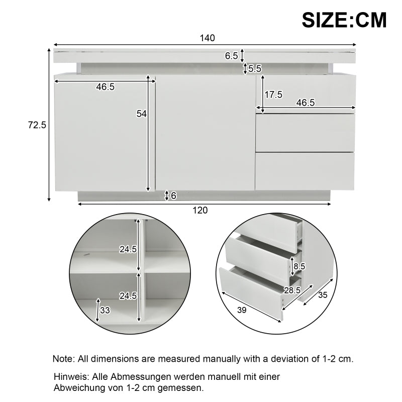 Sideboard Schrank Modern Wohnzimmer Beistellschrank Standschrank Kommode Highboard Anrichte Möbel 2 Türen 3 Schubladen Hochglanz Sideboard mit LED Licht Grifflose 140x35x72.5cm - Weiß