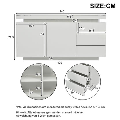 Sideboard Schrank Modern Wohnzimmer Beistellschrank Standschrank Kommode Highboard Anrichte Möbel 2 Türen 3 Schubladen Hochglanz Sideboard mit LED Licht Grifflose 140x35x72.5cm - Weiß