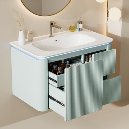 Badezimmerschrank Wandhängend 80cm Grün, 3D-Struktur & LED-Sensor, Waschtisch mit Keramikbecken, 4 leise Schubladen, Lackiert, Anti-Stoß