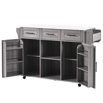 139x46(71)x91.5 cm großer Servierwagen/Beistellschrank, graues Massivholz-Furnier für den Korpus + weiße Marmor-Furnierdekoration für die Arbeitsplatte, Schrank/klappbare Arbeitsfläche/Stauraumtüren/r