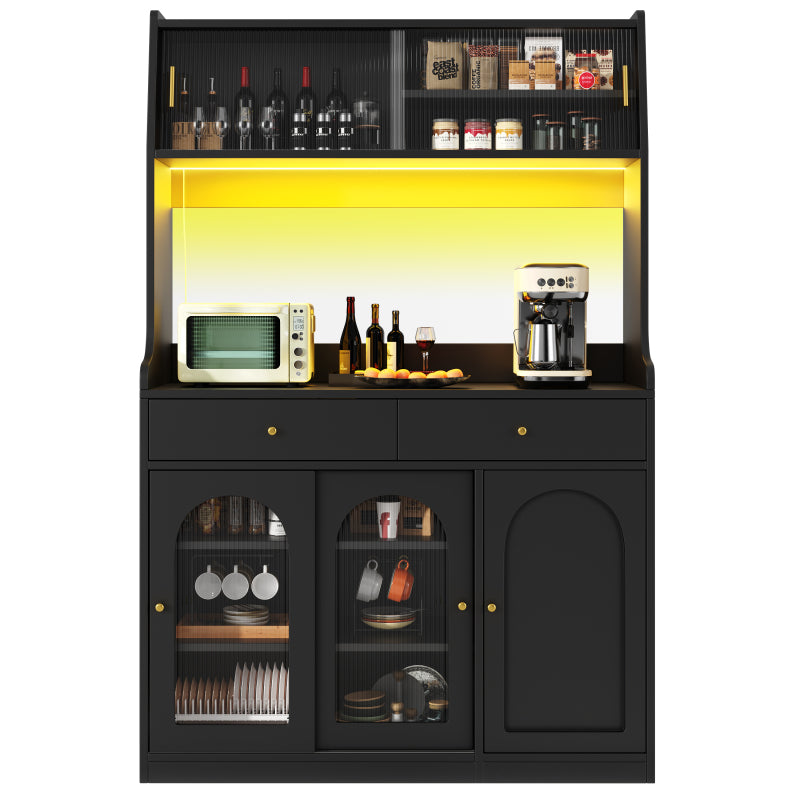 Küchenschrank, Esszimmerschrank mit 2 Schubladen, Sideboard mit LED-Beleuchtung, schwarz