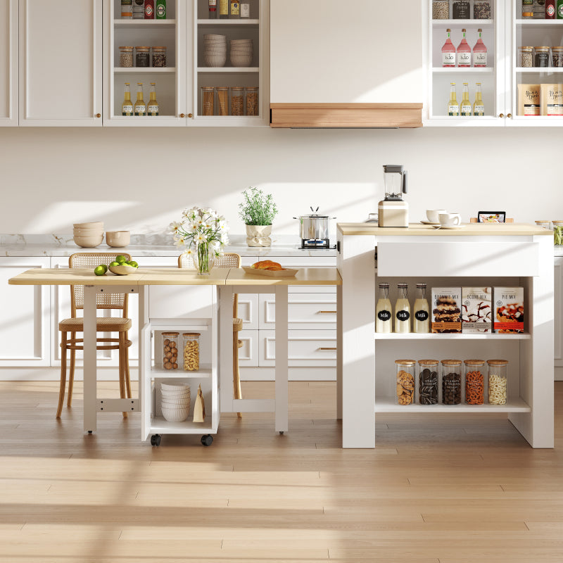 Ausziehbarer Bartisch mit Stauraum(110-124×78×97.5cm), für 2-6 Personen, Kücheninseln mit 2 Schubladen, 2 seitliche offene Regale und eingebaute Steckdose,Tischplatte aus weiß marmoriertem MDF,Weiß