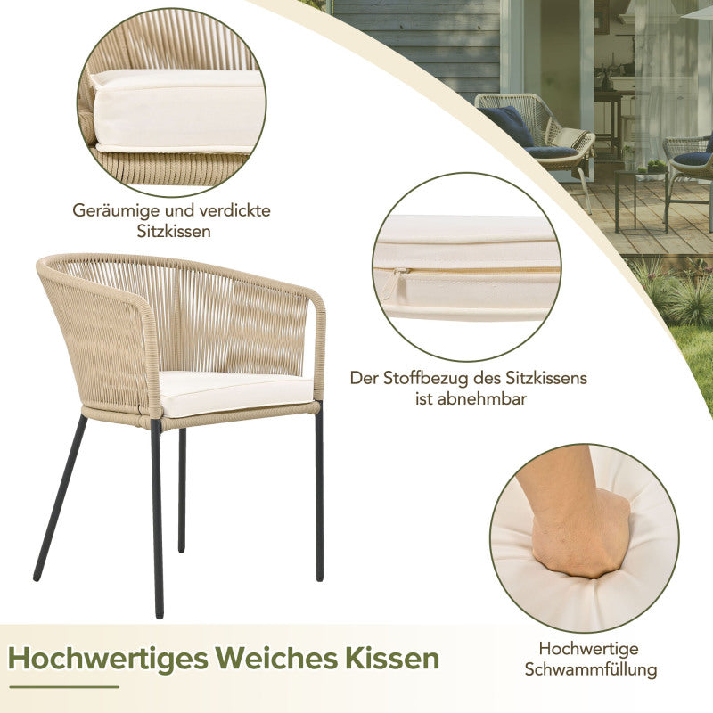 Garten-Essgruppe, 7-tlg, Garten-Lounge-Set aus Seil, 6 Sessel und 1 Tisch, Tisch aus Akazienholz, Mit Fußpolstern und sechs Sitzkissen, abnehmbar und waschbar
