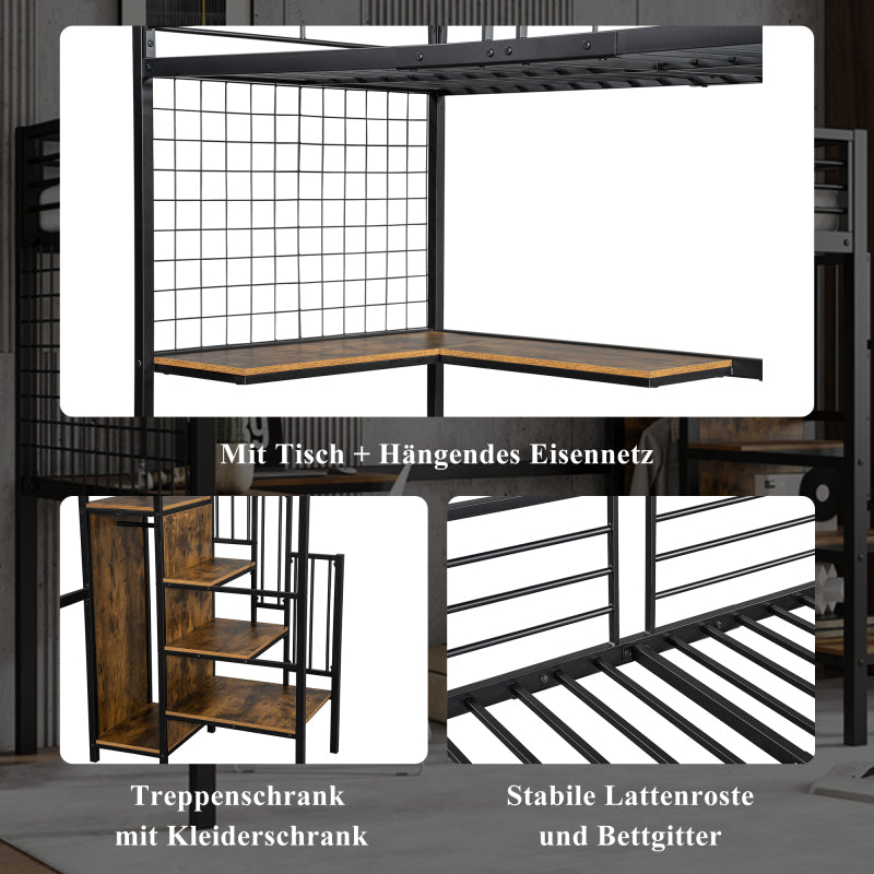 Eisenbett, Etagenbett, Hochbett, Geeignet für Kinder und Jugendliche, mit Tisch und Kleiderschrank, Seitenleiter mit Handlauf, Eisen+Spanplatte, Schwarz+dunkle Holzfarbe, 90x200cm