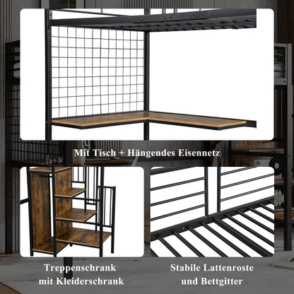 Eisenbett, Etagenbett, Hochbett, Geeignet für Kinder und Jugendliche, mit Tisch und Kleiderschrank, Seitenleiter mit Handlauf, Eisen+Spanplatte, Schwarz+dunkle Holzfarbe, 90x200cm