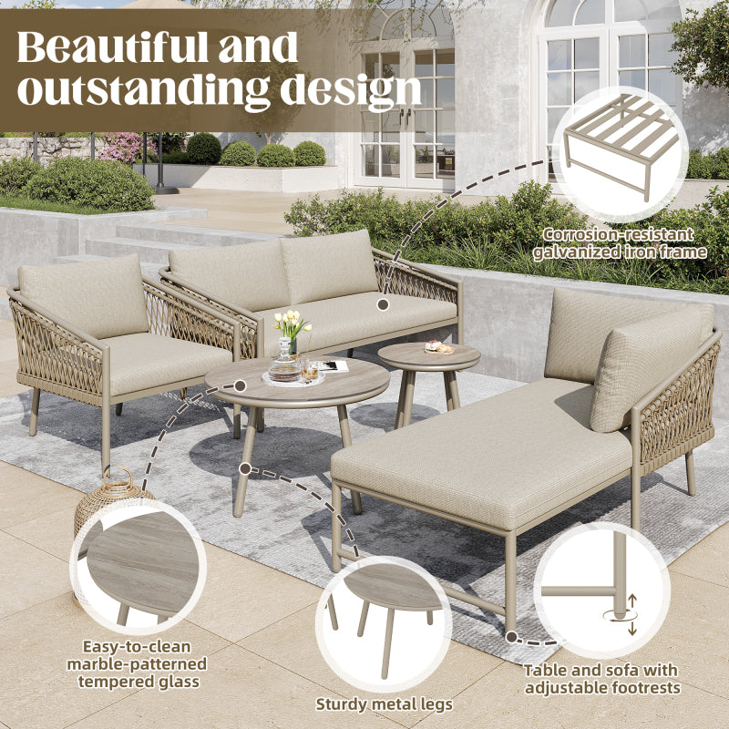 Garten Lounge Set, Seil Gartenmöbel Set, Modernes Outdoor Sofa Set Handgewebtes Seil, Inklusive Aller Sitz- Und Rückenkissen, Balkonset, Garten Und Terrasse, Khaki