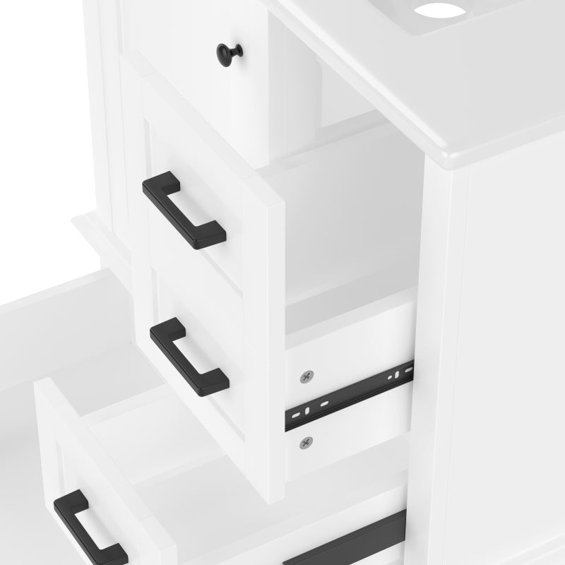 76x46x83,5cm Bodenstehender Badezimmerschrank mit Waschbecken, Waschtisch, komplett lackiert, Türregal, drei geräuschlose Schubladen, integriertes Keramikwaschbecken, weiß