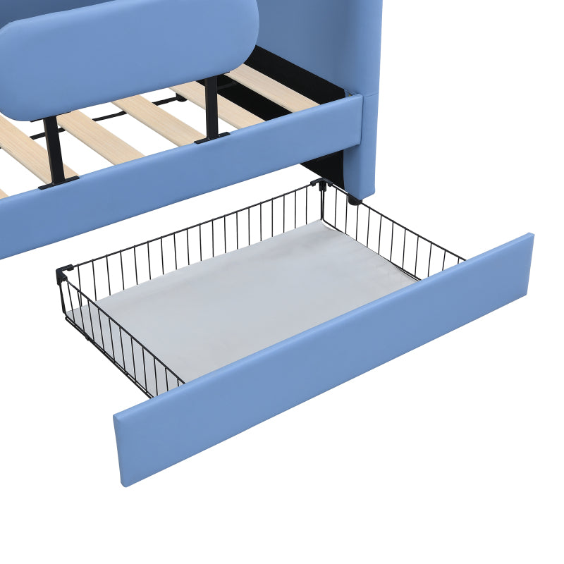 Kinder-Spleißbett, Polsterbett, Tagesbett, Walförmiges Design, Schlafsofa mit Metallbettgestell, 2 Schubladen auf Rollen, PU+MDF+Sperrholz, Blau, 90x200cm