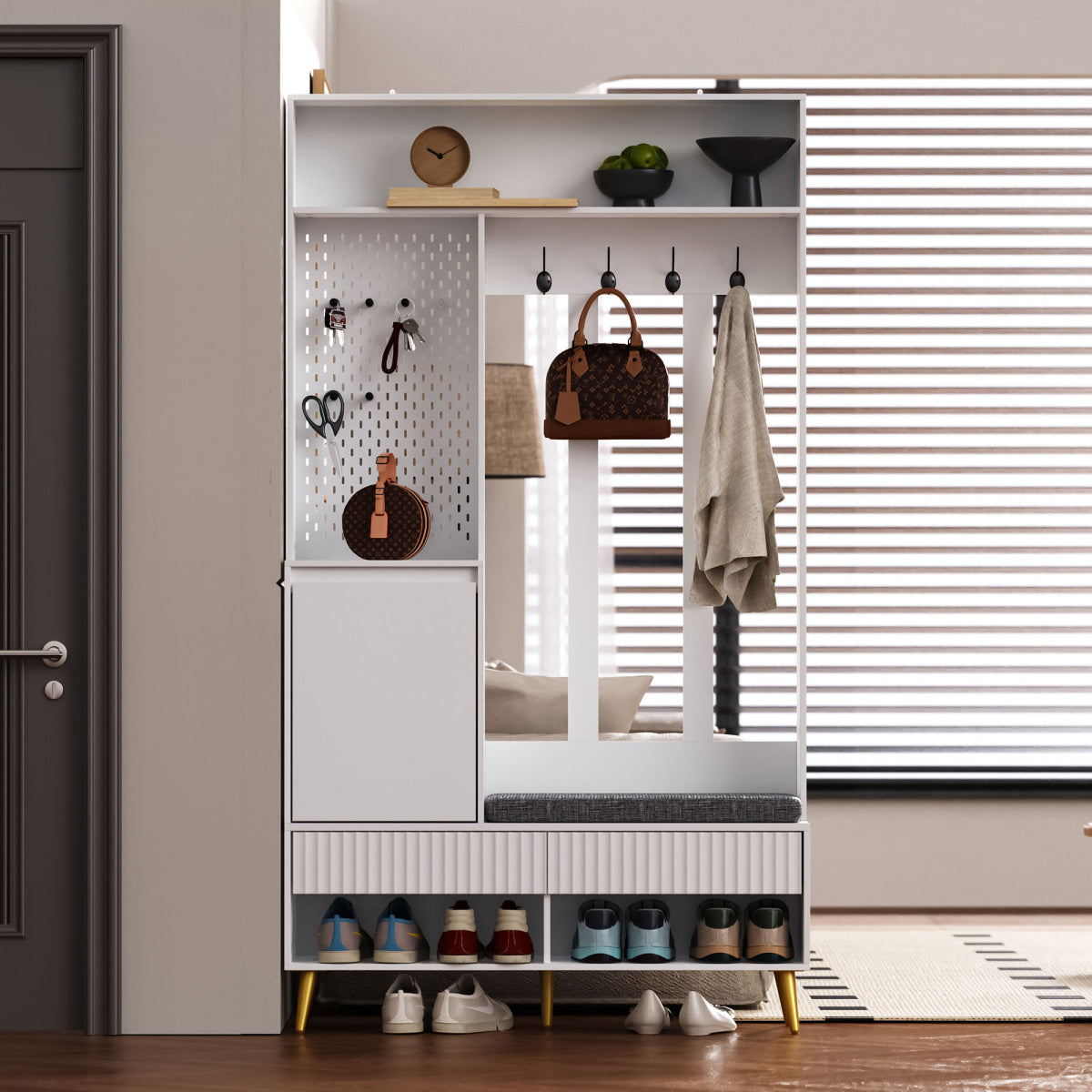 Garderoben-Set mit Schuhbank, Wandgarderobe mit 4 Haken, 2 Schubladen & Schranktür, MDF, Weiß, 100×35×180 cm