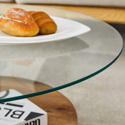 Moderner minimalistischer gehärteter Glas-Couchtisch, mehrschichtiges Design, mit natürlichen Holz-Textur-Aufklebern