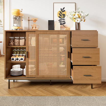 Sideboard 140 cm Natur, Kommode mit Rattan-Schiebetüren