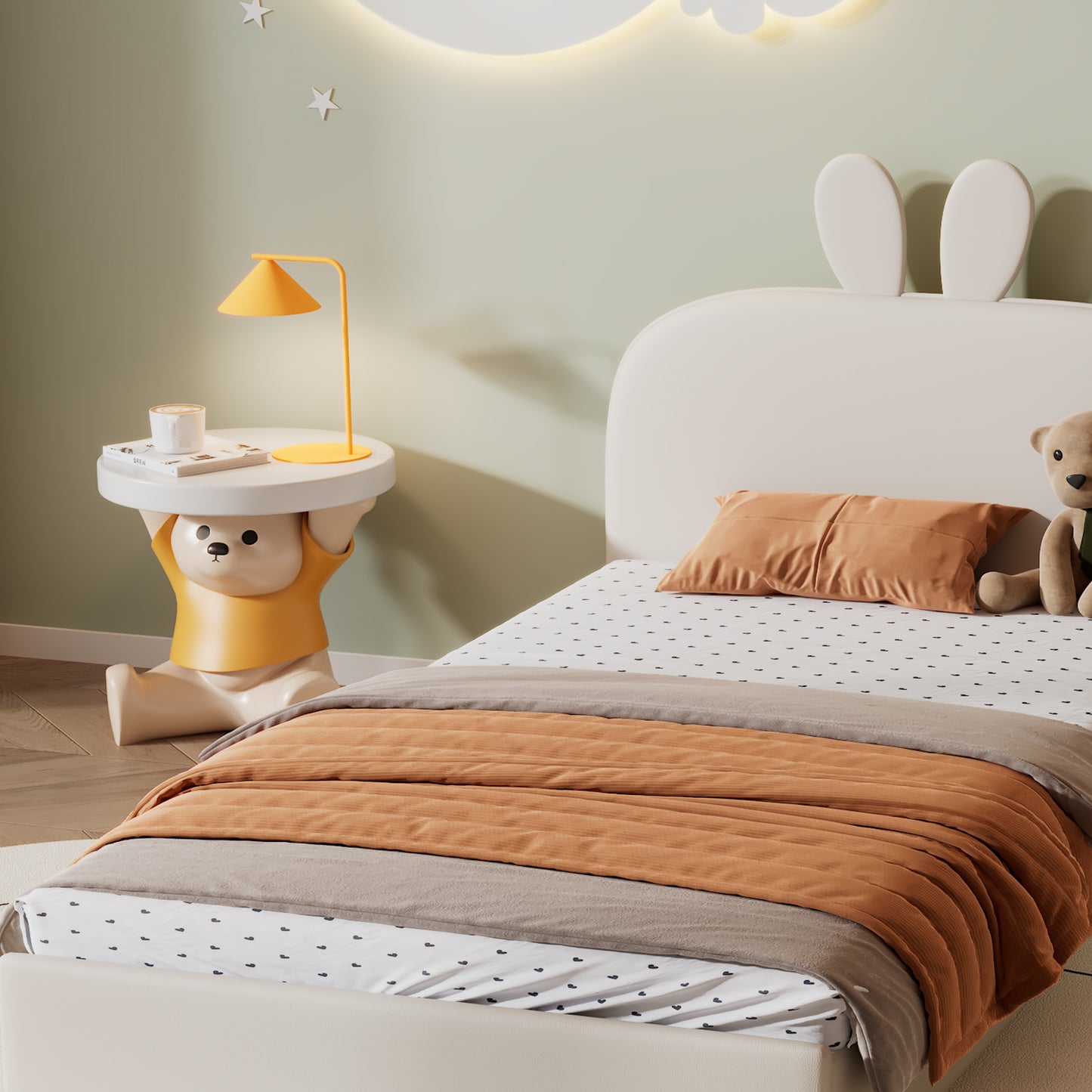 Kaninchen Kopfteil Polsterbett, Kinderbett mit Holzlatten, Einzelbett, Samt, Beige, 90x200cm