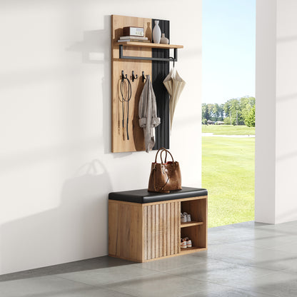 Schuhbank mit Garderobe & 3 Haken, Schuhschrank mit 2 Türen und Sitzbank, Flurmöbel aus Spanplatte, Schwarz/Natur, B70×T36×H146 cm