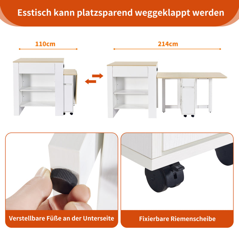 Ausziehbarer Bartisch mit Stauraum(110-124×78×97.5cm), für 2-6 Personen, Kücheninseln mit 2 Schubladen, 2 seitliche offene Regale und eingebaute Steckdose,Tischplatte aus weiß marmoriertem MDF,Weiß