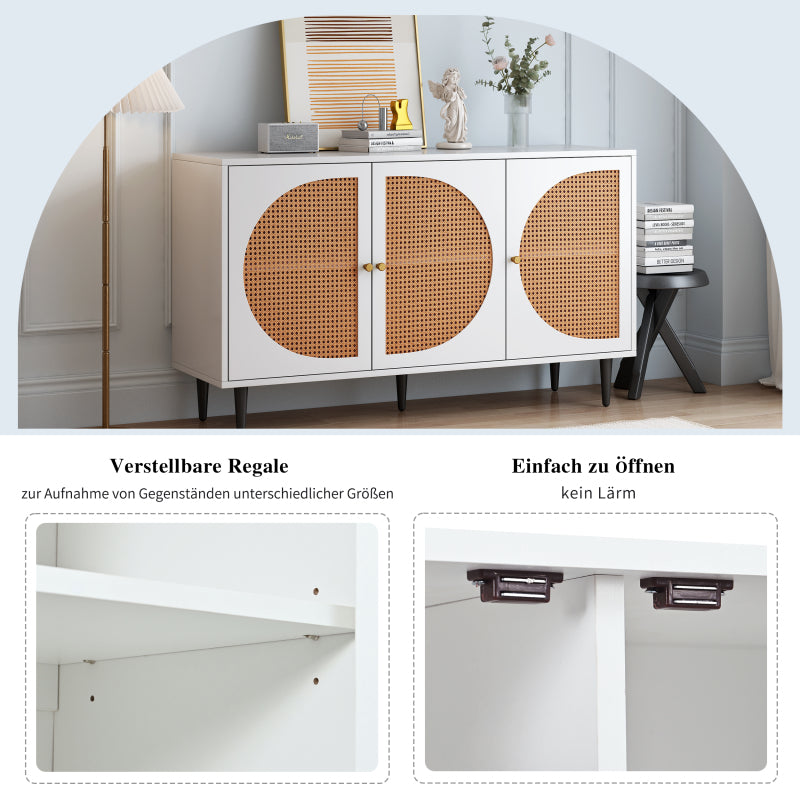 Sideboard mit 3 Rattan verzierten Türen Kommode Highboard mit Metallgriffe, für Schlafzimmer & Wohnräume & Büro, Weiß,129.8x 40x 76cm
