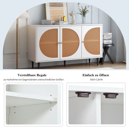 Sideboard mit 3 Rattan verzierten Türen Kommode Highboard mit Metallgriffe, für Schlafzimmer & Wohnräume & Büro, Weiß,129.8x 40x 76cm