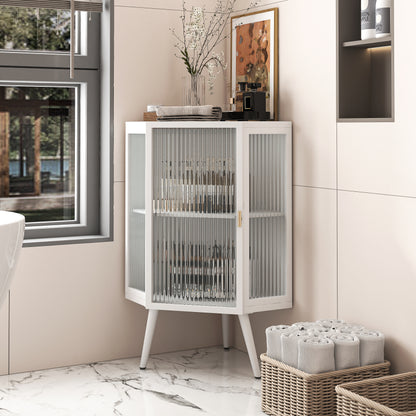 Floor Coner Cabinet with Tempered Glass Door & Adjustable Shelf for Bathroom, Living Room, Bedroom(White)