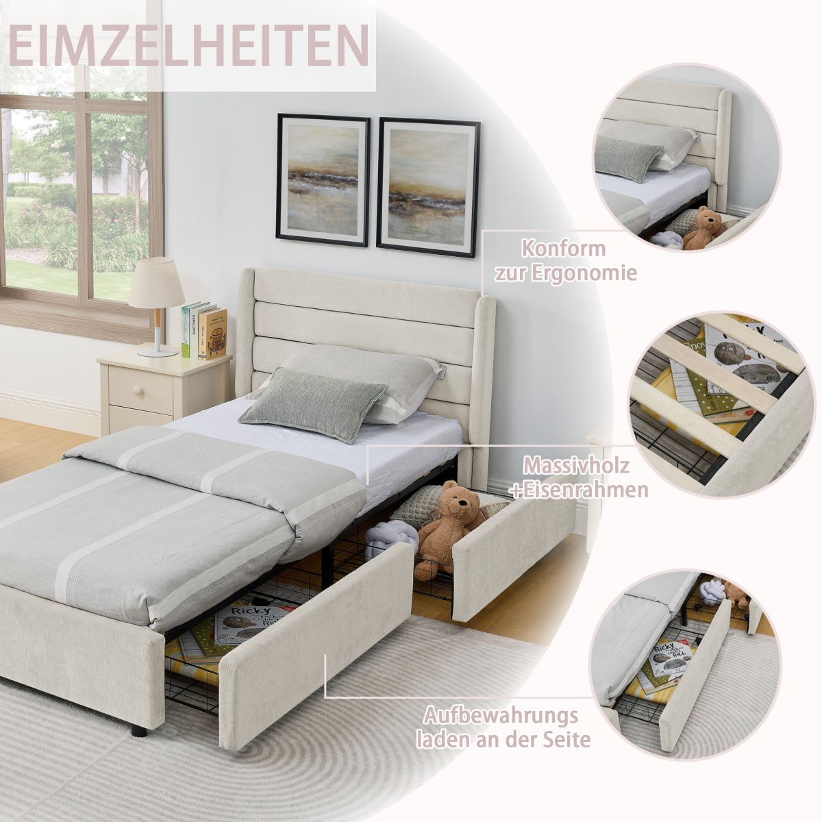 Einzelbett 90×200 cm mit Chenille-Oberfläche & 2 Schubladen, stabiles Bettgestell aus Holz/Metall, ideal für Kinder-, Jugend- & Gästezimmer, Beige (ohne Matratze)