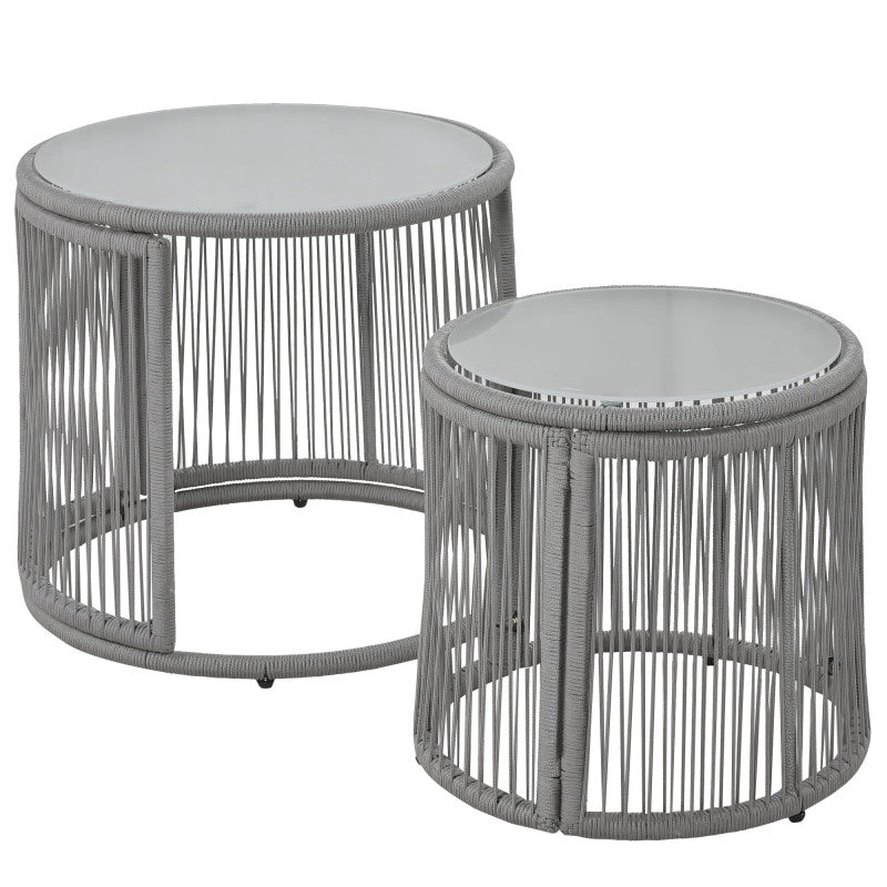 Gartenlounge-Set, Gartenmöbel-Set, Mit Eisenrahmen und grauem Seil, Gartenmöbel aus gewebtem Seil für den Außenbereich, Grau, Zwei Sessel, zwei 2-Sitzer-Sofas und zwei Tische (alle Kissen inklusive)